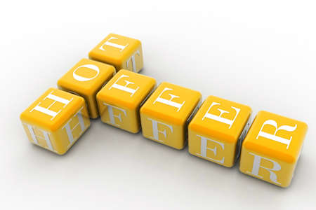 3d yellow cubes with white letters like crossword with text hot offerの写真素材