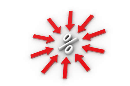 Highly rendering of percentage sign and arrow in white backgroundの写真素材