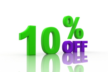 3d illustration of ten percent discount sign, over white background