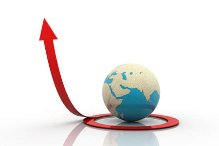 3d globe around Circle arrow going up on white backgroundの写真素材