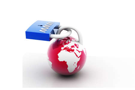 3d rendering of globe and locks in isolated background 