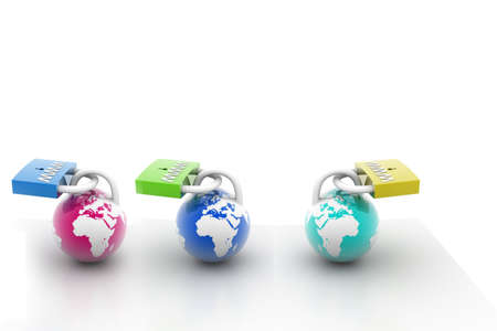3d rendering of globe and locks in isolated background の写真素材