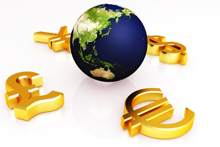 Digital illustration of  world and world currency  in isolated background	の写真素材