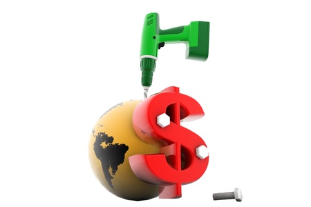 3d rendering of world and dollar drilling with driller の写真素材