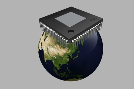 computer chip and world  in isolated background 