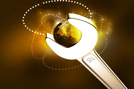 Spanner with globe in abstract backgroundの写真素材