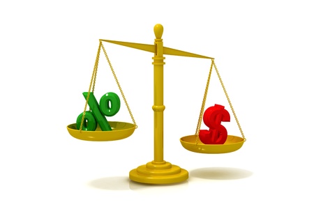 Digital illustration of balancing scale  percentage and dollar in color backgroundの写真素材