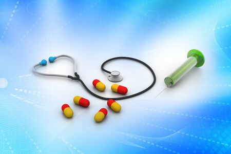3d rendering stethoscope, syringe and pillsの写真素材