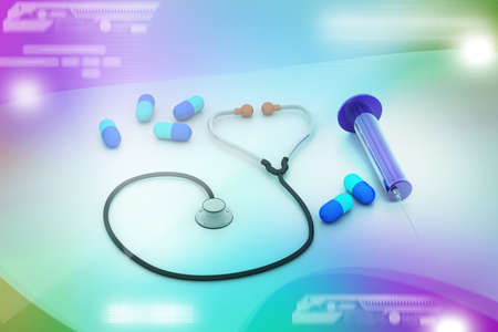 3d rendering stethoscope, syringe and pillsの写真素材