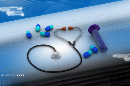 3d rendering stethoscope, syringe and pillsの写真素材