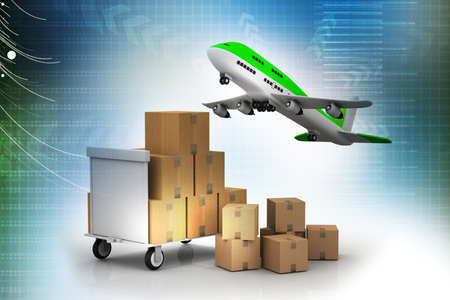 3d luggage?s and hand bag with flying planeの写真素材