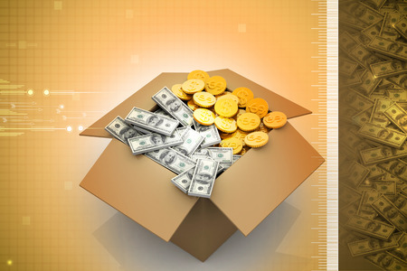 Open Cardboard  box with moneyの写真素材