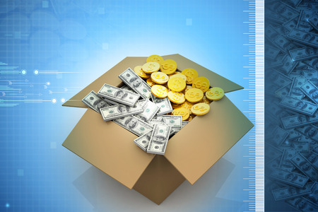 Open Cardboard  box with moneyの写真素材
