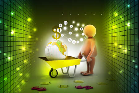 3d multi use Gold Coin In and earth Wheelbarrow. Business growth and profitの写真素材