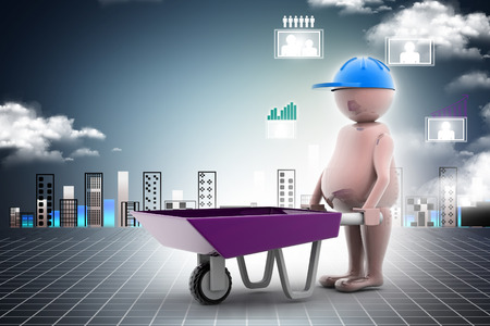3D multi use construction worker with a wheelbarrowの写真素材