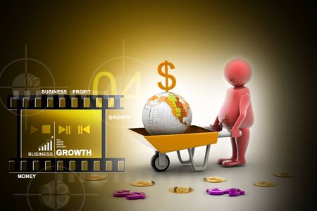 3d multi use Gold Coin In and earth Wheelbarrow. Business growth and profitの写真素材