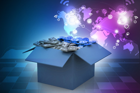 Open Cardboard  box with moneyの写真素材