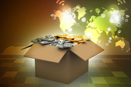 Open Cardboard  box with moneyの写真素材