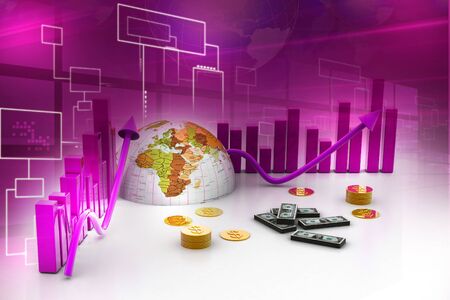 3d business graph with half earth and dollarsの写真素材