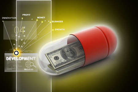 3d illustration of pill filled with dollarの写真素材