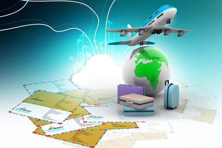 3d luggages and hand bag with flying planeの写真素材