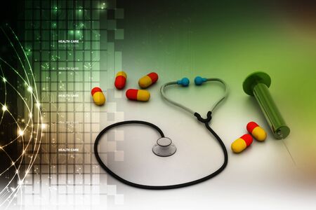 3d rendering stethoscope, syringe and pillsの写真素材