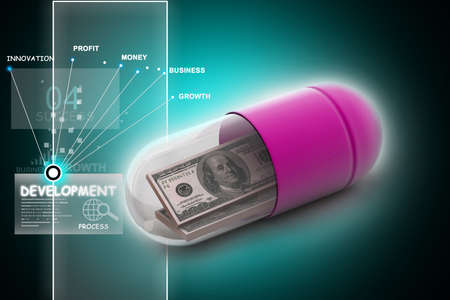 3d illustration of pill filled with dollarの写真素材