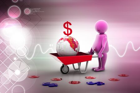 3d multi use Gold Coin In and earth Wheelbarrow. Business growth and profitの写真素材