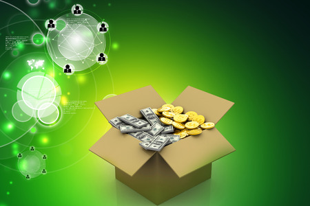 Open Cardboard  box with moneyの写真素材