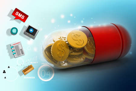 3d illustration of  pill filled with dollar coinの写真素材