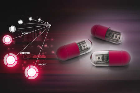 3d illustration of green pill filled with dollarの写真素材