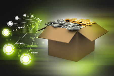 Open Cardboard  box with moneyの写真素材