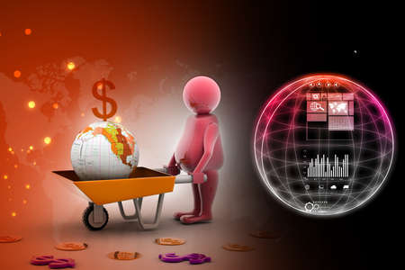 3d multi use Gold Coin In and earth Wheelbarrow. Business growth and profitの写真素材