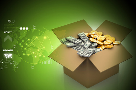 Open Cardboard  box with moneyの写真素材