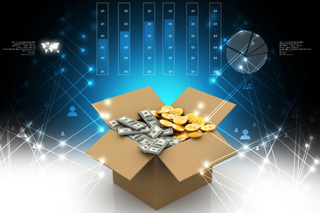 Open Cardboard  box with moneyの写真素材