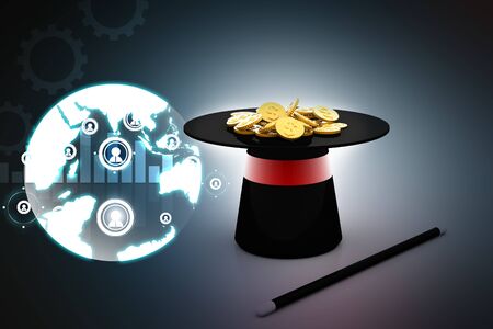 Digital  illustration of magic hat and wand with dollar coinsの写真素材
