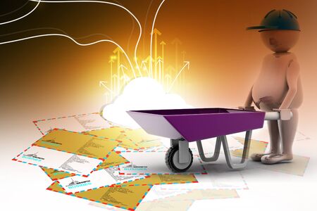 3D multi use construction worker with a wheelbarrowの写真素材