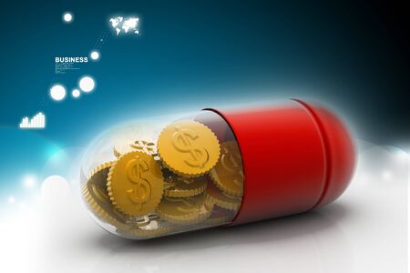 3d illustration of  pill filled with dollar coinの写真素材