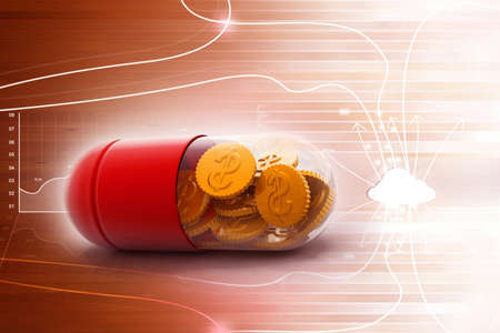 3d illustration of  pill filled with dollar coinの写真素材
