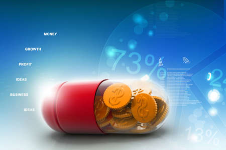 3d illustration of  pill filled with dollar coinの写真素材