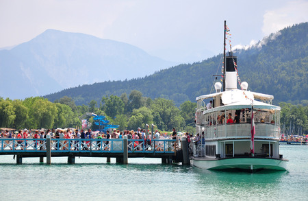 Lake Woerthersee, Austria - June 3, 2017: Pier with boatのeditorial素材