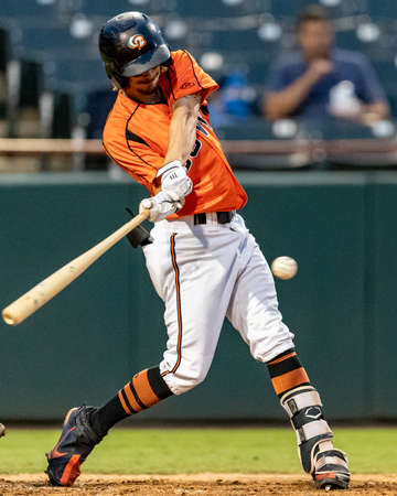 Bowie, Maryland, USA. 31st Aug, 2021.  Bowie Baysox Outfielder Zach Watson (18) Hits a Single in the Second Inning and Drives in 2 of His 5 RBIs Against the Somerset Patriots at Prince Georges Stadium.のeditorial素材