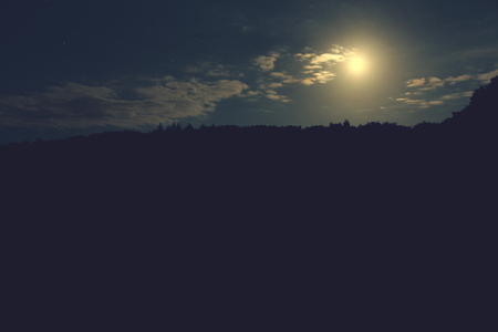 Night sky over silhouette of hilly forest - vintage grainy low quality mood - relaxation backgorund concept with copy space for text and inspirational quotesの写真素材