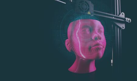 3D-printer makes humanoid head from pink plastic in dark setting with futuristic illustration -...