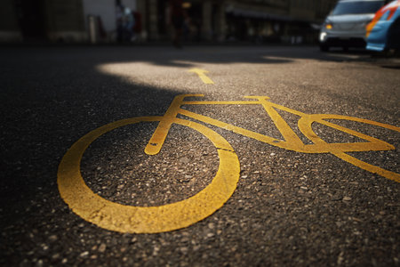 elevated orange bicycle symbol with direction arrow on granular asphalt in a swiss city. urban mobility concept. selective focus on middle of symbol. cars blurred in background. strikingly warm sunlightの写真素材