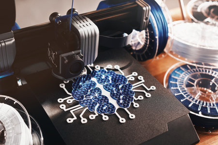 FDM 3D printer makes modern sculpture from blue and white material. colorful work space scenery with wooden desk and several filament rolls. selective focus on print head and brain style print objectの写真素材