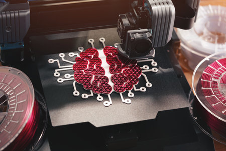 Glowing red electrified brain sculpture is made by a 3d printer in warm striking light. filament rolls in background. selective focus on print head and print bed. Intelligent production conceptの写真素材