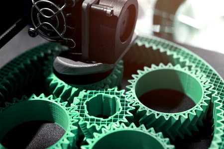 Detail view on print head of 3D printer making a planetary gear part from mint colored plastic. selective focus. Visible infill structure and layers at printed part. Modern production conceptの写真素材