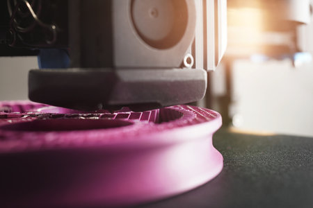 Detail view on nozzle of 3D printer making a planetary gear part from pink plastic filament. selective focus with shallow depth of field. Visible infill structure and layers. Modern production conceptの写真素材