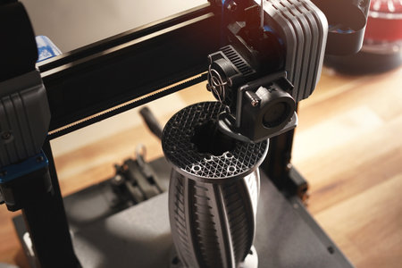 3D printer on wooden desk prints a flange part from silver gray material. detail view on print head and flange with infill structure. selective focus. modern additive manufacturing conceptの写真素材